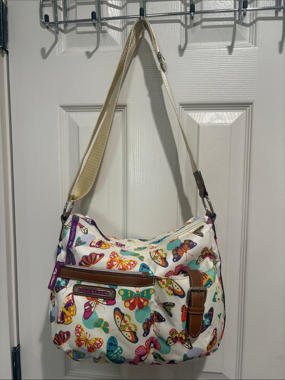 Lily Bloom White Shoulder Bag with Multicolor Butterfly Print